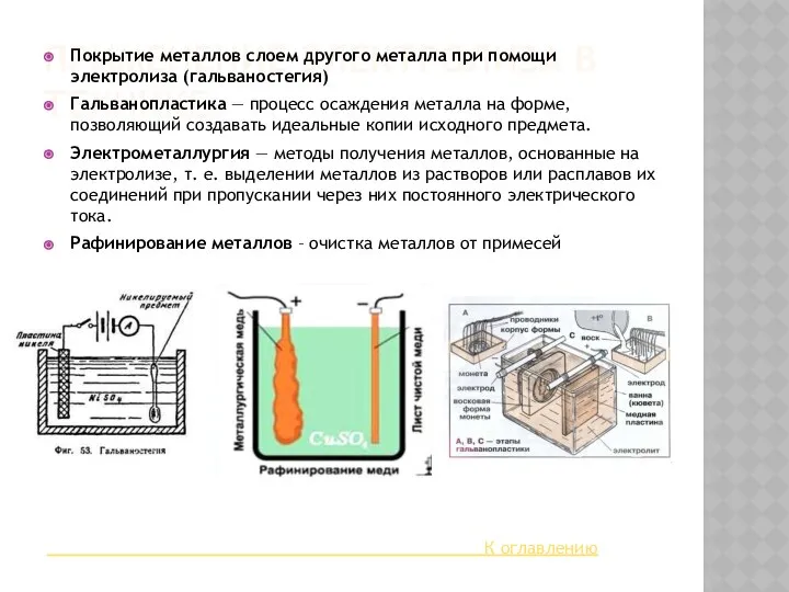 ПРИМЕНЕНИЕ ЭЛЕКТРОЛИЗА В ТЕХНИКЕ Покрытие металлов слоем другого металла при помощи