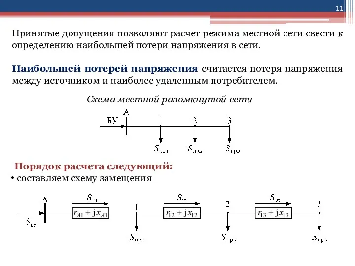 Принятые допущения позволяют расчет режима местной сети свести к определению наибольшей