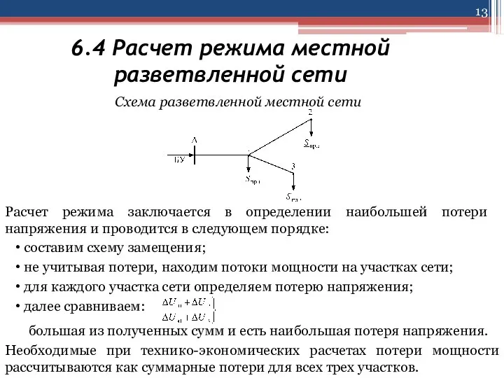 6.4 Расчет режима местной разветвленной сети Схема разветвленной местной сети Расчет