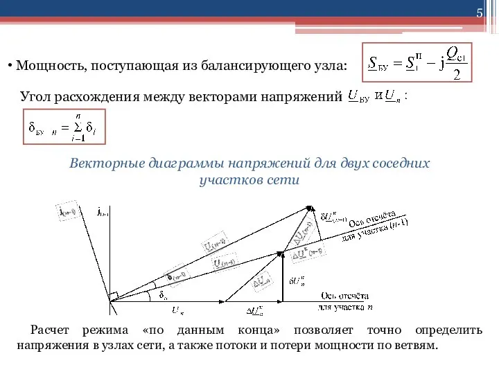 Мощность, поступающая из балансирующего узла: Угол расхождения между векторами напряжений Векторные