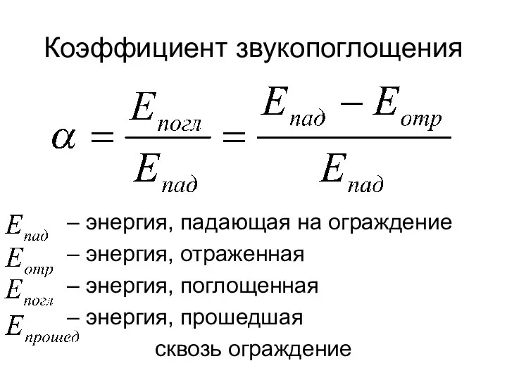 Коэффициент звукопоглощения – энергия, падающая на ограждение – энергия, отраженная –