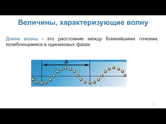 Величины, характеризующие волну Длина волны - это расстояние между ближайшими точками, колеблющимися в одинаковых фазах.