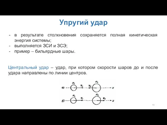 Упругий удар в результате столкновения сохраняется полная кинетическая энергия системы; выполняется