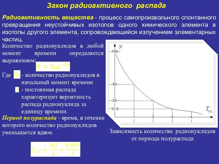 Радиоактивность вещества - процесс самопроизвольного спонтанного превращения неустойчивых изотопов одного химического