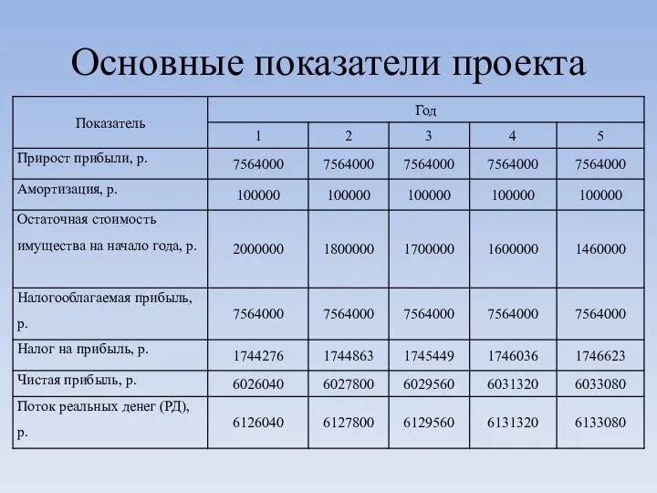 Основные показатели проекта