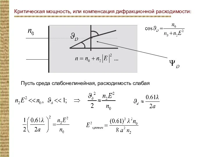 Критическая мощность, или компенсация дифракционной расходимости: Пусть среда слабонелинейная, расходимость слабая