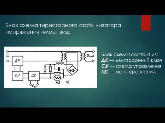 Блок схема тиристорного стабилизатора напряжения имеет вид: Блок схема состоит из: