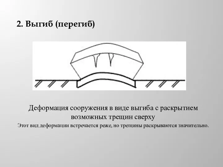 2. Выгиб (перегиб) Деформация сооружения в виде выгиба с раскрытием возможных