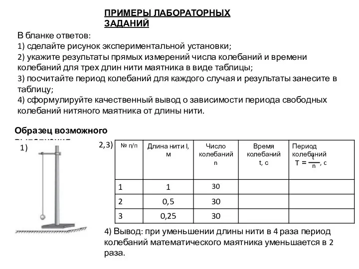 ПРИМЕРЫ ЛАБОРАТОРНЫХ ЗАДАНИЙ Образец возможного выполнения. В бланке ответов: 1) сделайте