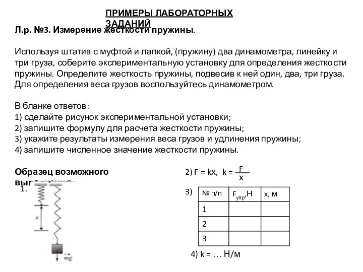 ПРИМЕРЫ ЛАБОРАТОРНЫХ ЗАДАНИЙ Л.р. №3. Измерение жесткости пружины. Используя штатив с