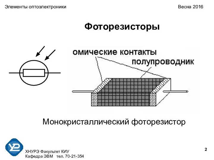 ХНУРЭ Факультет КИУ Кафедра ЭВМ тел. 70-21-354 Элементы оптоэлектроники Весна 2016 Фоторезисторы Монокристаллический фоторезистор