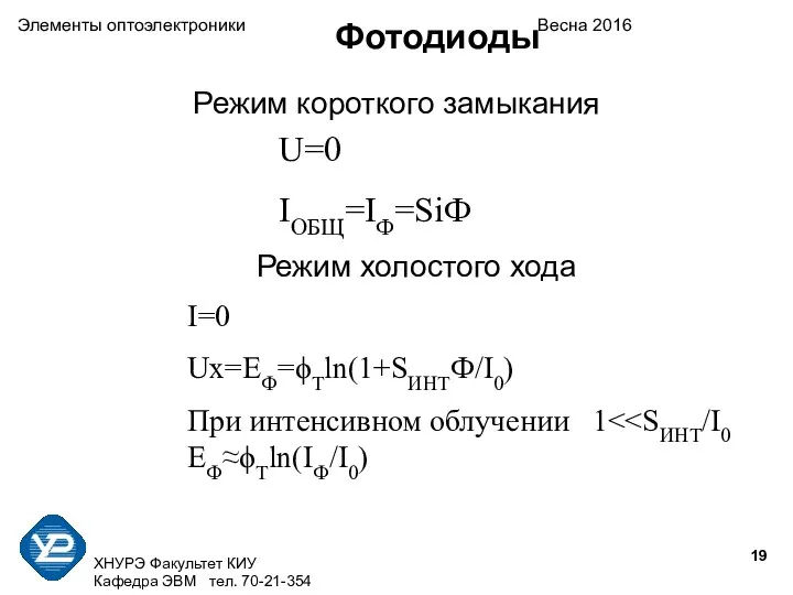 ХНУРЭ Факультет КИУ Кафедра ЭВМ тел. 70-21-354 Элементы оптоэлектроники Весна 2016