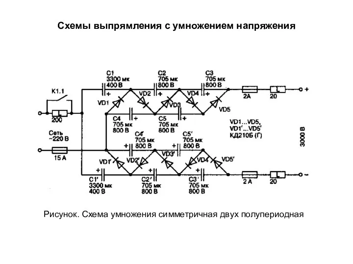 Схемы выпрямления с умножением напряжения Рисунок. Схема умножения симметричная двух полупериодная