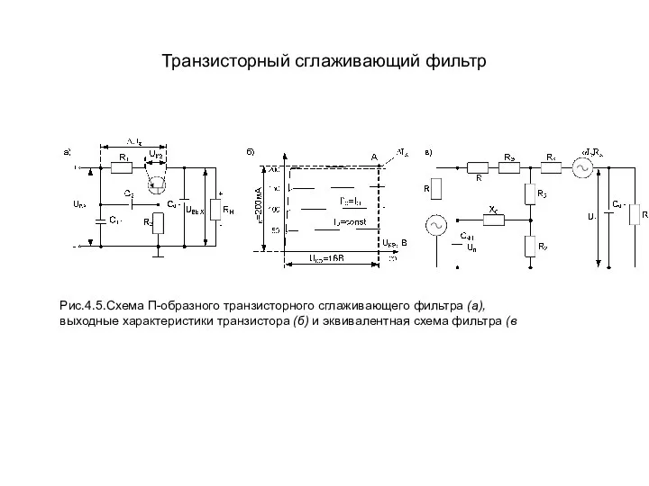 Транзисторный сглаживающий фильтр Рис.4.5.Схема П-образного транзисторного сглаживающего фильтра (а), выходные характеристики