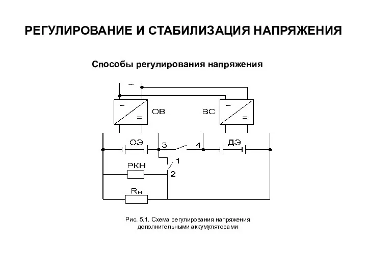 РЕГУЛИРОВАНИЕ И СТАБИЛИЗАЦИЯ НАПРЯЖЕНИЯ Способы регулирования напряжения Рис. 5.1. Схема регулирования напряжения дополнительными аккумуляторами