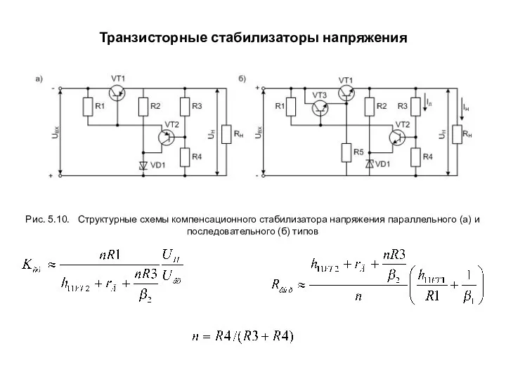 Транзисторные стабилизаторы напряжения Рис. 5.10. Структурные схемы компенсационного стабилизатора напряжения параллельного (а) и последовательного (б) типов