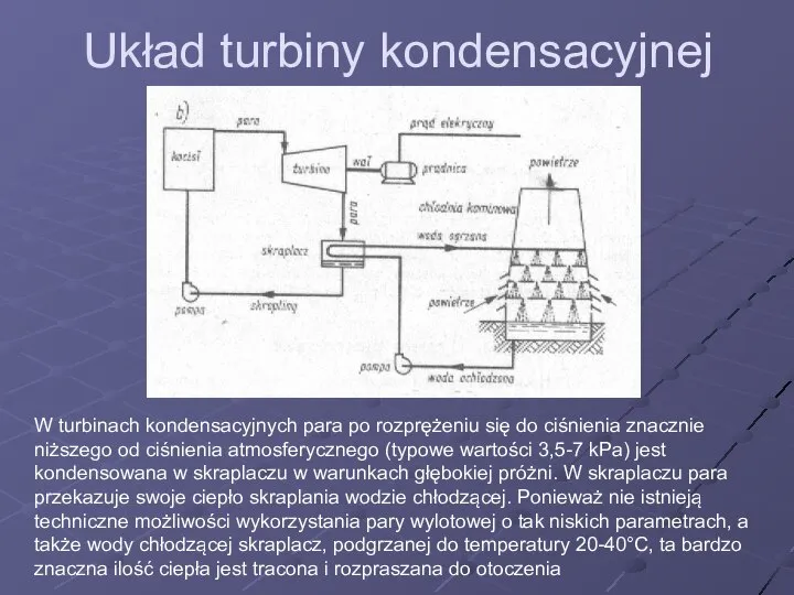 Układ turbiny kondensacyjnej W turbinach kondensacyjnych para po rozprężeniu się do