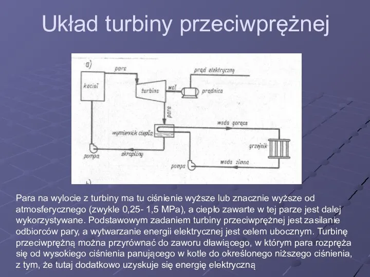 Układ turbiny przeciwprężnej Para na wylocie z turbiny ma tu ciśnienie