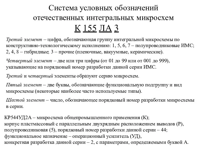 Система условных обозначений отечественных интегральных микросхем К 155 ЛА 3 Третий