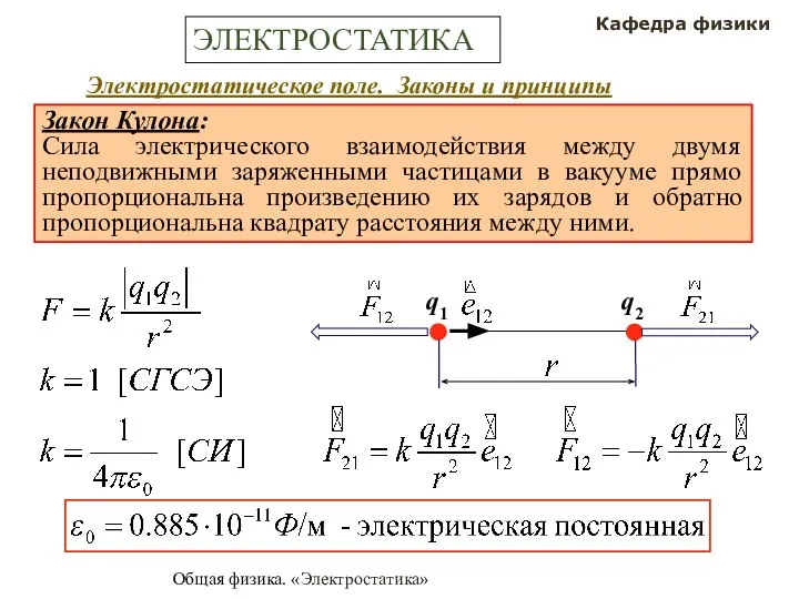 Общая физика. «Электростатика» Кафедра физики ЭЛЕКТРОСТАТИКА Электростатическое поле. Законы и принципы