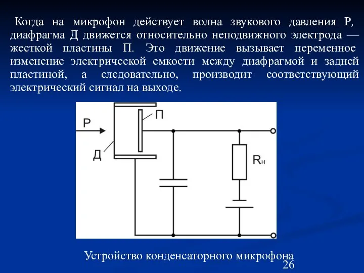 Когда на микрофон действует волна звукового давления Р, диафрагма Д движется