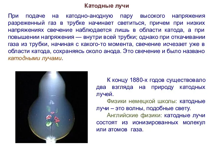 Катодные лучи При подаче на катодно-анодную пару высокого напряжения разреженный газ