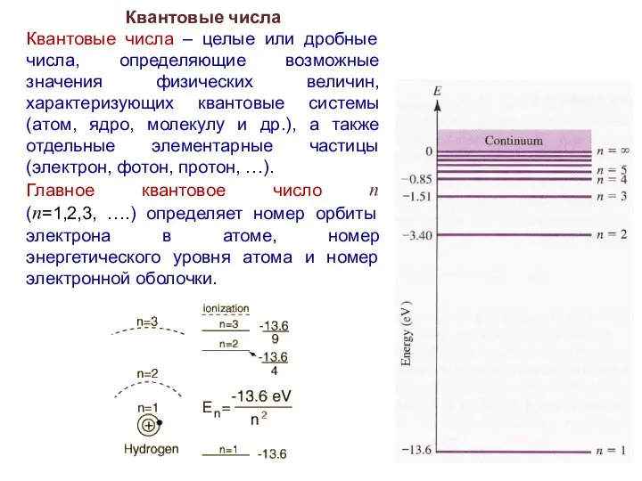 Квантовые числа Квантовые числа – целые или дробные числа, определяющие возможные