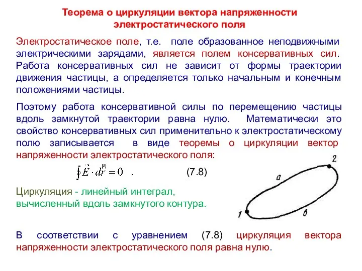 Теорема о циркуляции вектора напряженности электростатического поля Электростатическое поле, т.е. поле