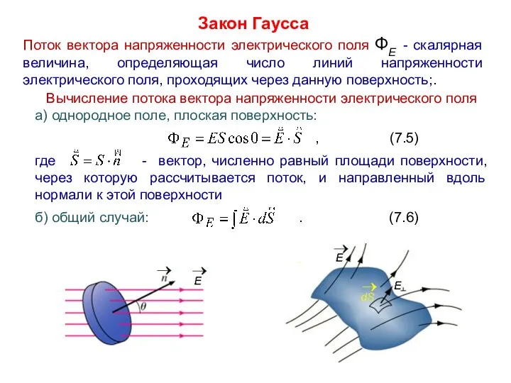 Закон Гаусса Поток вектора напряженности электрического поля ΦE - скалярная величина,