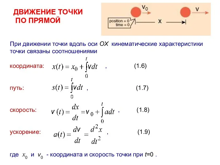 ДВИЖЕНИЕ ТОЧКИ ПО ПРЯМОЙ При движении точки вдоль оси OX кинематические