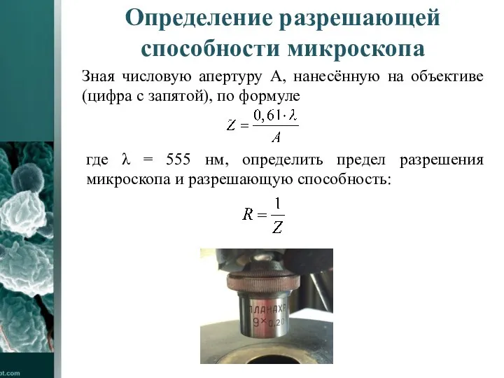 Определение разрешающей способности микроскопа Зная числовую апертуру А, нанесённую на объективе