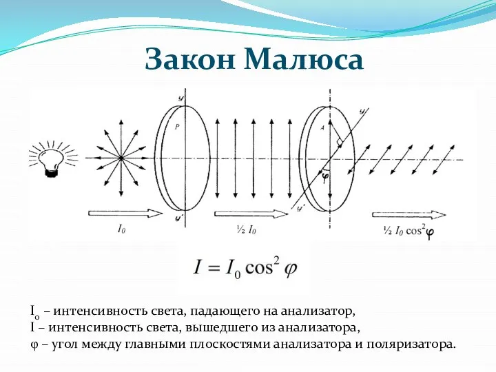 Закон Малюса I0 – интенсивность света, падающего на анализатор, I –