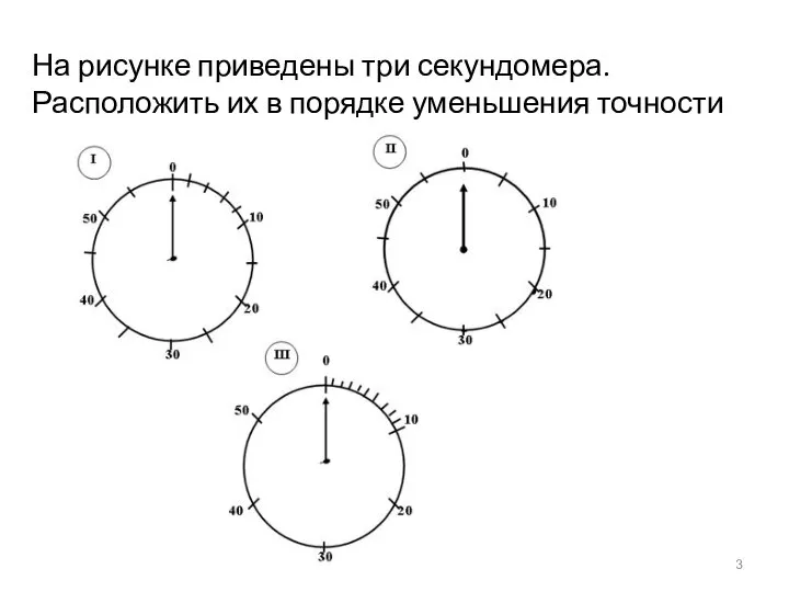 На рисунке приведены три секундомера. Расположить их в порядке уменьшения точности