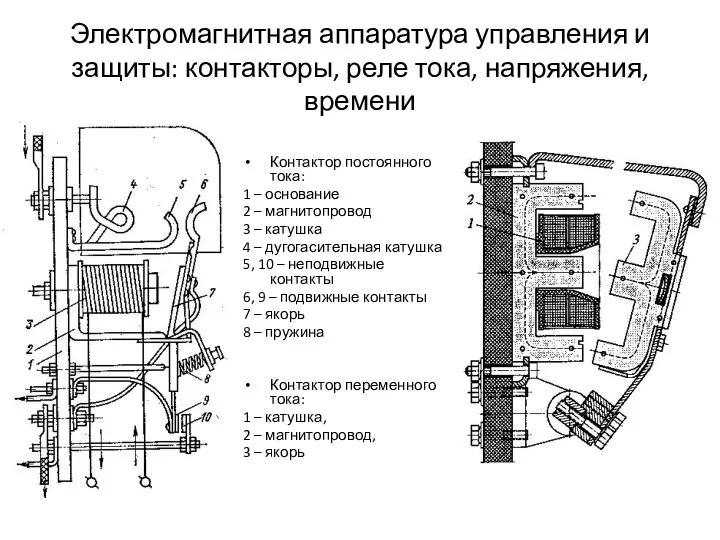 Электромагнитная аппаратура управления и защиты: контакторы, реле тока, напряжения, времени Контактор