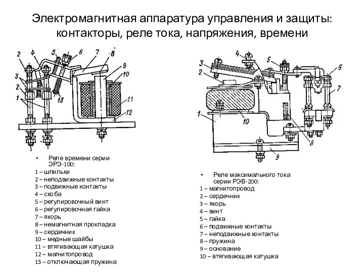 Электромагнитная аппаратура управления и защиты: контакторы, реле тока, напряжения, времени Реле