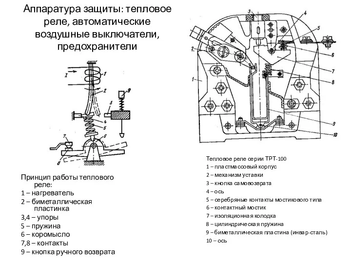 Аппаратура защиты: тепловое реле, автоматические воздушные выключатели, предохранители Принцип работы теплового