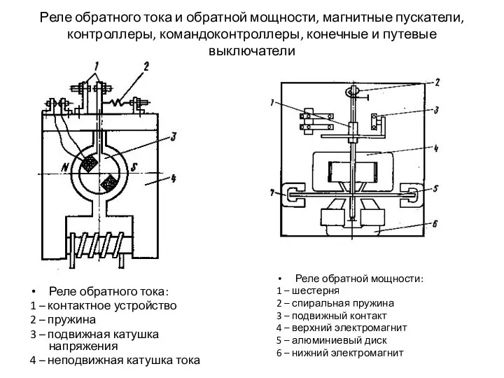 Реле обратного тока и обратной мощности, магнитные пускатели, контроллеры, командоконтроллеры, конечные