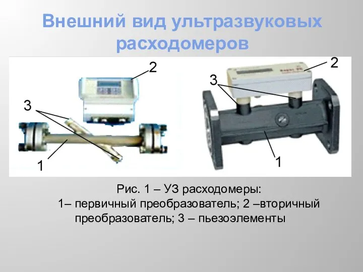 Внешний вид ультразвуковых расходомеров Рис. 1 – УЗ расходомеры: 1– первичный
