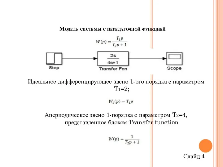 Модель системы с передаточной функцией Идеальное дифференцирующее звено 1-ого порядка с