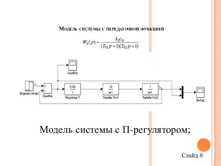 Модель системы с передаточной функцией Модель системы с П-регулятором; Слайд 8