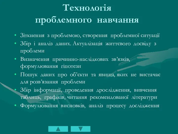 Технологія проблемного навчання Зіткнення з проблемою, створення проблемної ситуації Збір і