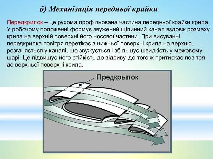 б) Механізація передньої крайки Передкрилок – це рухома профільована частина передньої