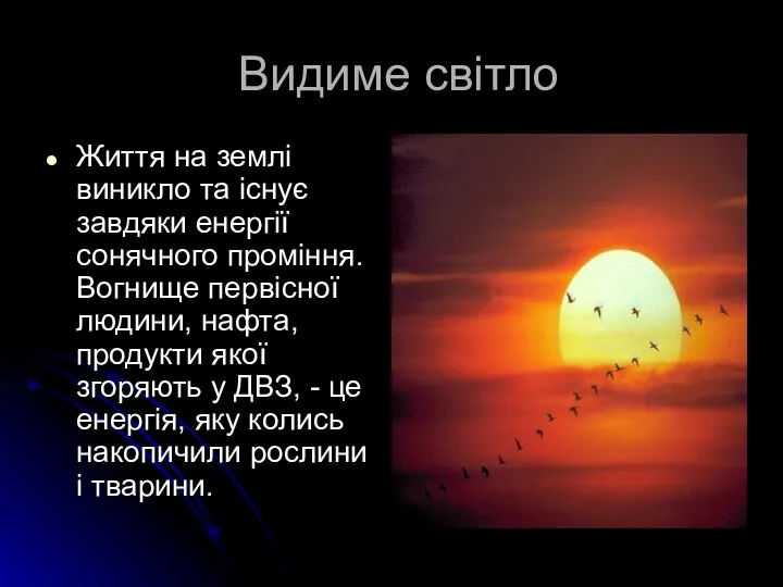 Видиме світло Життя на землі виникло та існує завдяки енергії сонячного