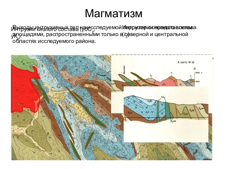 Магматизм Интрузии кислого состава (γδС3, γК1): Интрузии основного состава (J3) Выходы