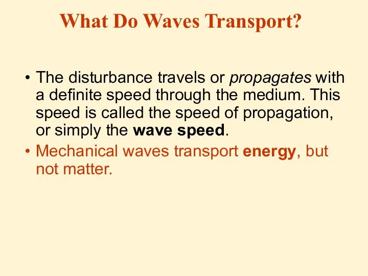 What Do Waves Transport? The disturbance travels or propagates with a