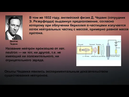 В том же 1932 году, английский физик Д. Чедвик (сотрудник Э.