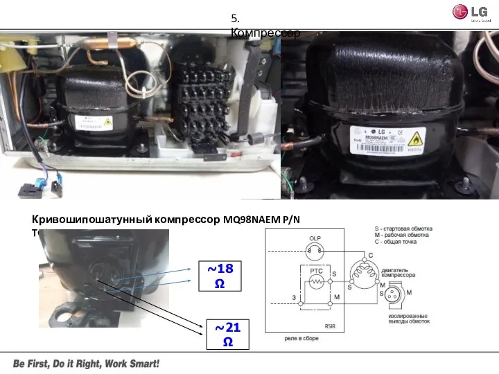 Кривошипошатунный компрессор MQ98NAEM P/N TCA33551603 ~21Ω ~18Ω 5. Компрессор