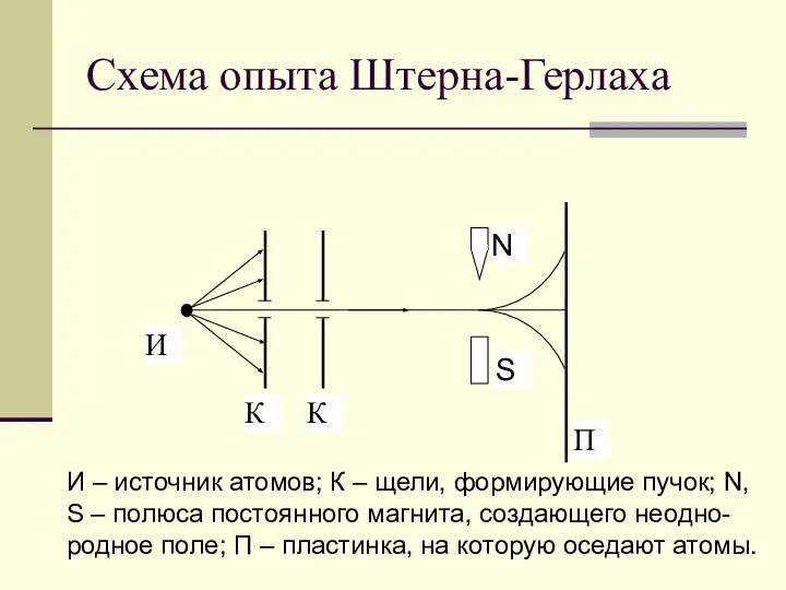 Схема опыта Штерна-Герлаха И – источник атомов; К – щели, формирующие