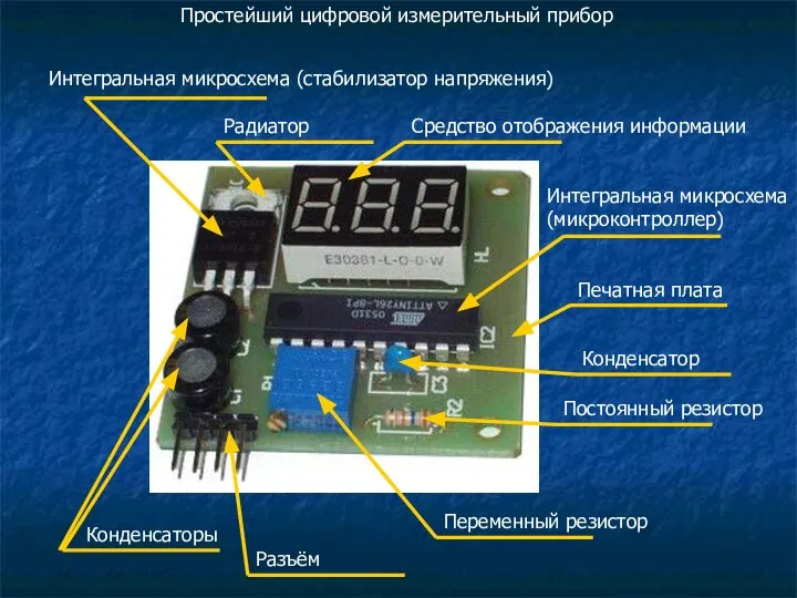 Печатная плата Интегральная микросхема (микроконтроллер) Конденсатор Постоянный резистор Переменный резистор Разъём