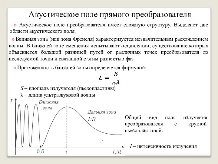 Акустическое поле прямого преобразователя » Акустическое поле преобразователя имеет сложную структуру.